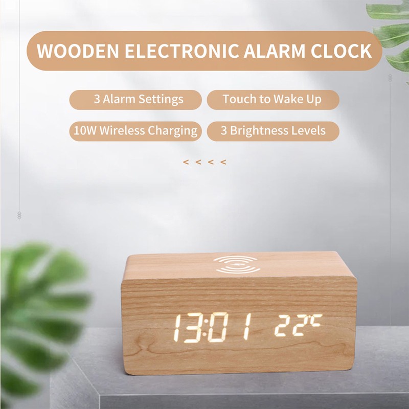 Digital Wooden Alarm Clock Electronic LED Time Display for Bedroom