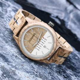 Holzwerk Germany Handmade Men's Watch Eco Natural Wooden Watch Wooden Bracelet Watch Beech White Silver Zebra Colourful Pattern Analogue Quartz Watch Date and Day of the Week Display, Beech white,