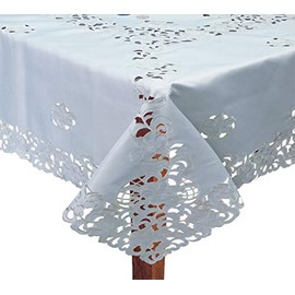 Creative Linens Embroidered Floral Tablecloth 68 Inch Square with 8 Napkins White