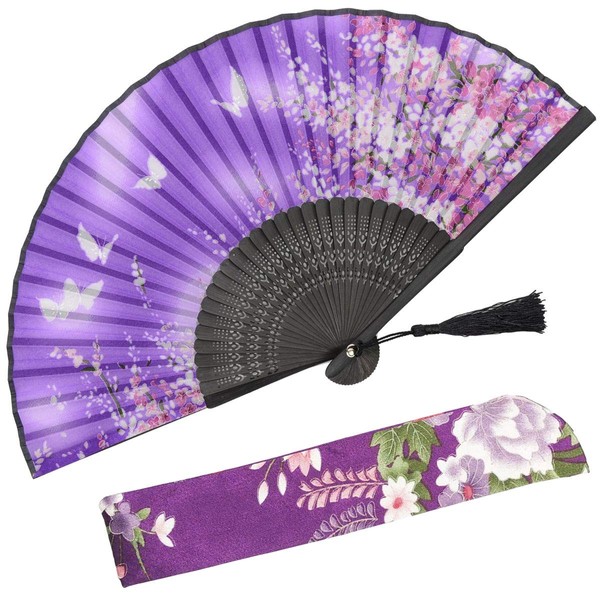 With a Fabric SleeveOMyTea „Sakura“ japanischer bzw. Chinesischer Handfächer mit Seide und Bambusrahmen und einer Stoffhülle zum Schutz des Fächer selbst, Textil, WZS-38