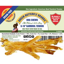 Green Butterfly Brands Beef Tendons for Dogs Made in USA. 6-10 Inch Grass Fed Farm-Raised American Beef Dog Treats. All Natural Dog Dental Chews. Grain Free Odor-Free Beef Dog Chews