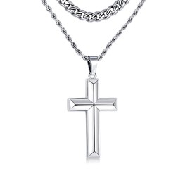 TUNGSTORY 316 Stainless Steel Cross Necklace for Men, Cuban Link Chain Beveled Edge High Polished Gift, 2Pcs Layered Cross Necklace Mens Jewelry