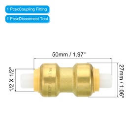 PATIKIL 1/2 X 1/2 Inch Push Plumbing Fitting, Brass Quick Straight Coupling Fittings Push to Connect Tube Fitting with Disconnect Tool for PEX PVC, Brass Color