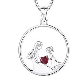 YL Mother and Daughter Necklace 925 Sterling Silver 12 Birthstone Cubic Zirconia Pendant Necklace Gifts for Mother Women 45-48 cm, Sterling Silver, Ruby
