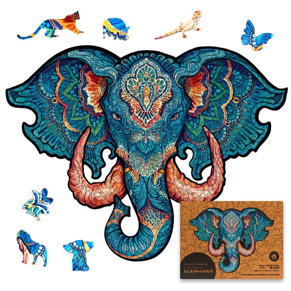 UNIDRAGON Original Wooden Jigsaw Puzzles - Eternal Elephant, 700 pcs, Royal Size 24.4"x18.5", Beautiful Gift Package, Unique Shape Best Gift for Adults and Kids