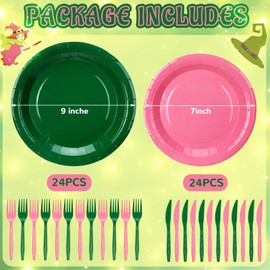 Yungyan 96 Pcs Pink and Green Birthday Party Decorations, Witch Disposable Tableware Set, Includes 7 Pink Plates, 9 Green Plates, Knives, Forks for Girls Party Supplies, Serves 24 Guest
