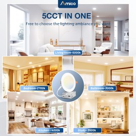 Amico 4 Pack 5 Inch 5CCT Ultra-Thin LED Canless Recessed Ceiling Light with Junction Box, 2700K/3000K/3500K/4000K/5000K Selectable, 11W=75W, 900LM High Brightness, Dimmable Wafer Downlight-ETL&FCC