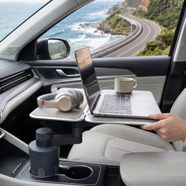 Bandeja Portavasos para Coche, Mesa Plegable Giratoria de 360° para Comida con Soporte para Teléfono, Escritorio para Coche de Aleación de Aluminio, Elementos Esenciales para