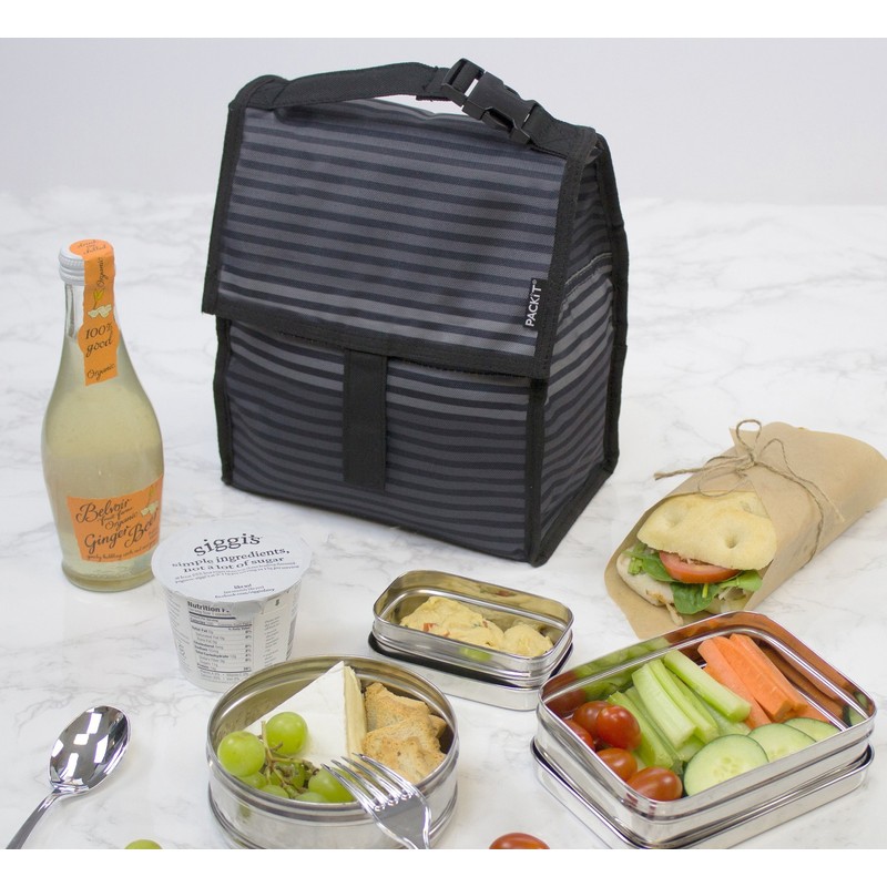 PackIt Freezable Lunch Bag with Zip Closure, Gray Stripe 8-Inch