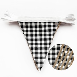 26Ft Black Gingham Plaid Burlap Banner Black Checkered Burlap Pennant Triangle Flag Garland Streamers Vintage Wall Hanging for Rustic Birthday Wedding Baby Shower Boho Picnic Camping Christmas Decor