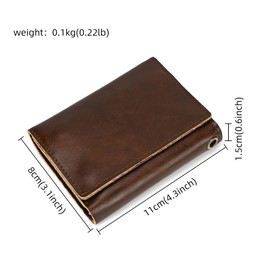 LUUFAN Men's Genuine Leather Short Wallet Trifold Anti-Theft Chain Purse with ID Window Zipper Pocket for Coin Cash Card, Coffee