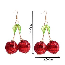 Cute Sweet Fruit Glitter Beads 3D Red Cherry Drop Earrings Disco Mirror Ball Earrings for Women Dancing Party Jewelry-mirror hook