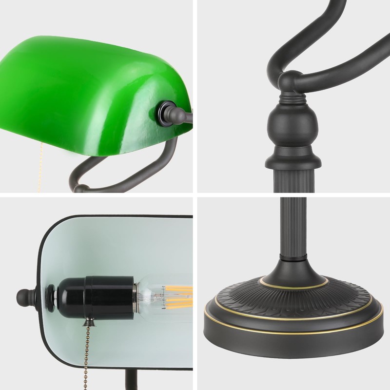 Newrays Antique Green Glass Bankers Desk Lamp with Pull Chain
