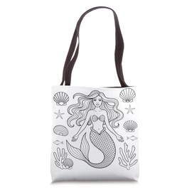 Mermaid Coloring Tote Bag Black and White Outline for Kids Tote Bag