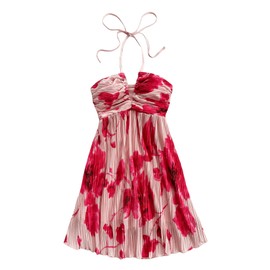 SOLY HUX Women's Tie Dye Cami Dress Halter Backless Sleeveless A Line Short Summer Dresses Sundress Red Floral Small