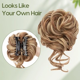 Benehair Messy Bun Hair Piece Wavy Curly Claw Clip Hair Bun Extensions Synthetic Hair Bun Donut Accessories Scrunchies Hair Pieces for Women(Brown mix Blonde, 75g)