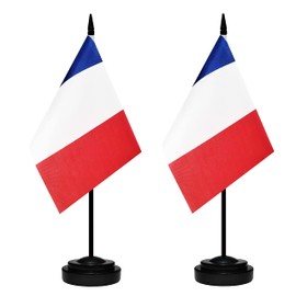 France Desk Flag Set, 2 Pack French Table Office Flags, Small Mini Desktop Flag With 12" Solid Black Pole, Black Base, Miniature Desktop Flag