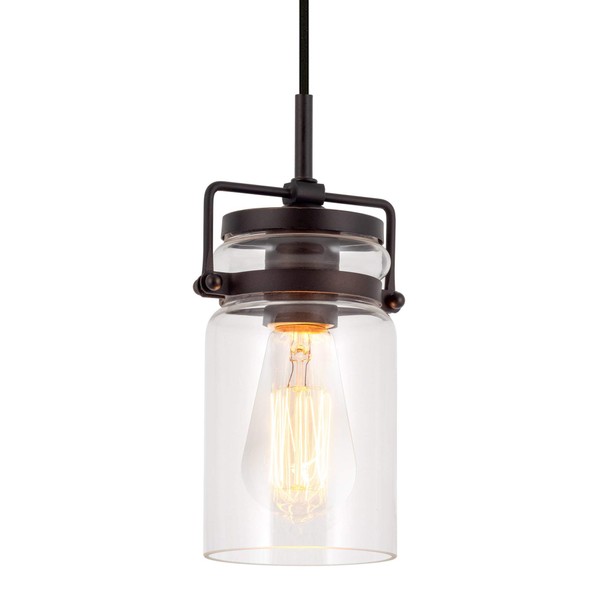 Kira Home Wyer 8" Modern Industrial/Farmhouse Pendant Light + Mini Clear Glass Cylinder Shade, Dimmable Adjustable Wire, Oil Rubbed Bronze Finish