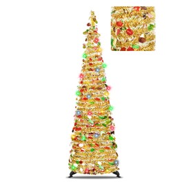 5FT Pop Up Christmas Tree with 5m Multi-Color 50 LED String Lights，Tinsel Christmas Tree，Collapsible Artificial Pencil Tree Xmas Decoration for Home, Office, Party, Easy Assembly(Colorful Gold)