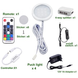 AIBOO RGB LED Cabinet Lighting Set of 4, 12 V LED Under-Unit Light, Colour Changing with Remote Control, Dimmable RGB Display Cabinet Lighting LED for Lighting Kitchen Cabinets