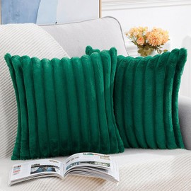 MADIZZ Set of 2 Faux Wool Plush Decorative Throw Pillow Covers 20x20 Inch Green Fluffy Striped Soft Decorative Cushion Cover for Sofa Bedroom Pillow Shell