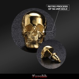 Forobb Skull Stud Earring 925 Sterling Silver Handcrafted Gothic Rock Punk Diablo Biker Retro [Standard 60069] - Silver Gold