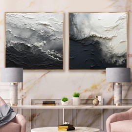 DesignQ oversized Modern Canvas Framed Wall Decor Set - Large Black Stunning Wall Art - Monochrome Paint Wave Minimalism - 73"x36" - Multipanel Abstract Framed Canvas Set