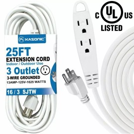 Kasonic 25 -100Feet Extension Cord, 3 Outlet Power Heavy Duty In/Outdoor Use UL Listed - White 25 Feet