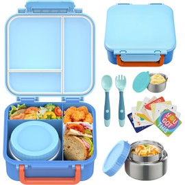 Kids Bento Lunch Box with 9oz Soup Thermo Leakproof Lunch Food Containers 4 Compartment with Insulated Hot Food Jar for Kid Toddler Girls Boys to School, Trvael