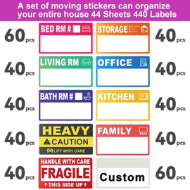 440 Count 3.5" x 2" Large Home Moving Packing Labels for 3-4 Bedroom House, 10 Color Coded Moving Stickers for Boxes with Large Writable Area, Fragile Moving Stickers +Heavy and Blank Labels