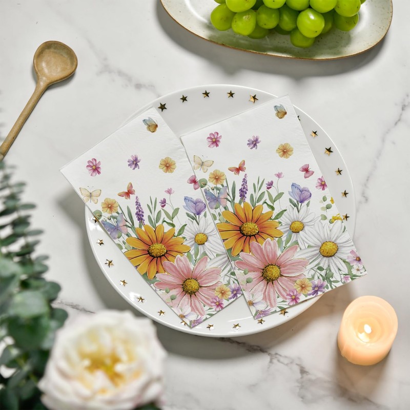 100 Spring Summer Disposable Paper Decorative Guest Napkins, Floral and
