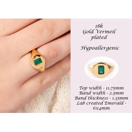 Silver Smile 18K Gold Vermeil Signet Ring with Emerald-Cut Emerald Stone – Hypoallergenic, Tarnish Resistant, Dainty and Stackable Statement Ring for Women – Elegant Gift Ready Jewelry, 5, Sterling
