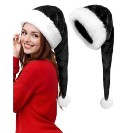 Long Black Santa Hat for Adults, black christmas hat Deluxe Black and White Xmas Christmas Hat for Black Christmas Theme New Year Festive Holiday Party Supplies