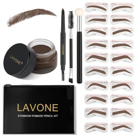 LAVONE Eyebrow Stamp Stencil Kit - Brow Stamp Trio Kit with Waterproof Eyebrow Pencil, Pomade, 20 Stencils, Dual-ended Brush and Sponge Applicator - Dark Brunette