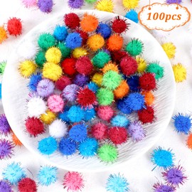 Jeffdad 100 Pcs Glitter Pom Pom Balls 1 inch, Assorted Sparkle Glitter Pom Poms Balls for Arts Craft Soft and Fluffy Craft Pompoms for Crafts DIY Decorations Multicolored
