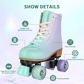 Gets Roller Skates for Girls and Women, Purple and Green PU Leather Light up Kids Roller Derby Skates, Cute Adjustable Four-Wheel Beginner Wome Roller Skates Girls Ages 8-12 Outdoor (41)