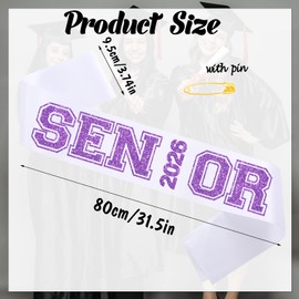 6pcs White Senior 2026 Sashes with Purple Glitter Printing Letters，2026 Graduation Celebrations Sashes, Class of 2026 Sash for Graduation Party, Senior Cheer Sasesh, Class Competition Sashes