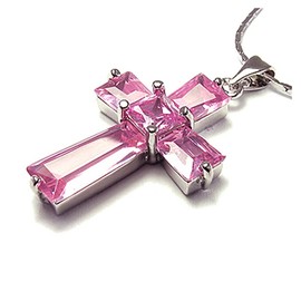 RIZILIA Crucifix Cross Pendant with 45cm(18") Chain & Trapezoid Square Cut Gemstones CZ [Pink Sapphire] in 18K White Gold Plated, Simple Modern Elegance