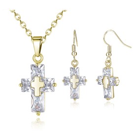 Zhang Trading Co., Ltd. Luxury Cross Diamond Zirconia Necklace+Hook Earrings Set for Womens 14K Yellow Gold