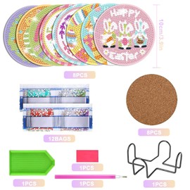 Pack of 8 Diamond Painting Coasters with Holder, Diamond Painting Adults, Reusable DIY Easter Cup Coasters with Diamonds and Mounting Tools for Cups, Vases Decoration