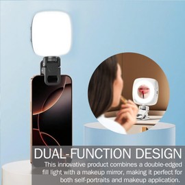 Phone Selfie Light, 3-Color Adjustable Rotating Fill Light with Mirror, Rechargeable 10 Brightness Levels, Double-Edged Portable Ring Light for Phone, Video, Laptop, and Makeup Lighting (Black)