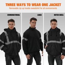 SKSAFETY 3-in-1 High Visibility Winter Bomber Jackets Zip Out Fleece Liner Reflective Safety Coats for men Waterproof ANSI/ISEA Class 3(Black XL)