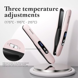 Straxelle Mini Straightener Wireless 2 in 1 Straightener Curls and Straighteners with 5000 mAh Travel Straightener 3 Adjustable Temperatures 175 °C - 215 °C with LCD Display for Women Men (Pink)