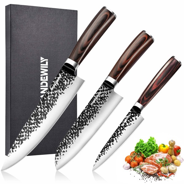 SANDEWILY Professional Chef Knife Ultra Sharp Kitchen Knife Set 3 PCS,Premium German Stainless Steel Knives Set for Kitchen, Full Tang Ergonomic Handle Japanese Knife with Sheath and Gift Box…