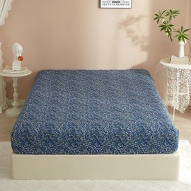 HighBuy Queen Fitted Sheet Navy Blue Floral - Hotel Quality Deep Pocket Fit 15" Mattress - Ultra Soft & Breathable Fitted Sheet Single,Extra Soft Washed Microfiber,Breathable,Deep Pocket