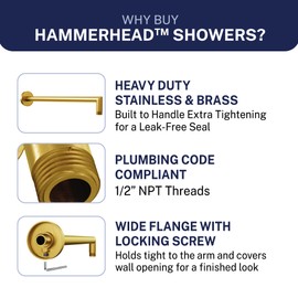 HammerHead Showers® Solid Metal 16 Inch Extended Shower Arm and Flange with Set Screw, Long Shower Arm, Extends Rain Shower Overhead, Wall-Mounted Rain Shower Arm, Brushed Gold