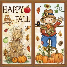 Whaline 6 Sheets Fall Window Clings Vintage Scarecrow Grain Pile Pumpkin Reusable Window Decals for Autumn Harvest Thanksgiving Party Supplies Home Classroom Office Decor