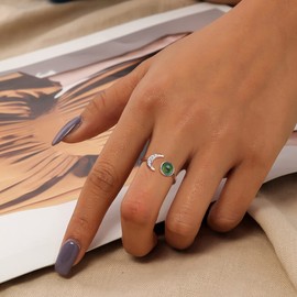 ADRAMATA 925 Sterling Silver Mood Ring Moon Star Open Adjustable Rings for Women 18K White Gold Plated Color Changing Mood Ring Temperature-Control Star and Moon Rings Statement Jewelry- Round