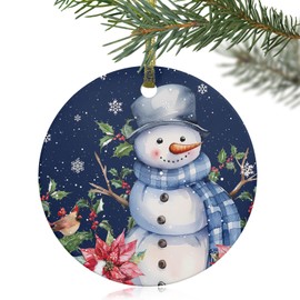 Navy Blue Snowman Christmas 2023 Christmas Tree Hanging Ornaments, 3" Round Double-Sided Ceramic Ornaments Decor Xmas Poinsettia Berry Snowflake