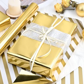 MAYPLUSS Reversible Golden Metallic Wrapping Paper, Gold & Stripe Gift Wrapping Paper, Shiny Glossy Foil Paper Solid Color Gift Wrap for Birthday, Christmas, Wedding,Valentine's Day(17 Inch X 33 Feet)